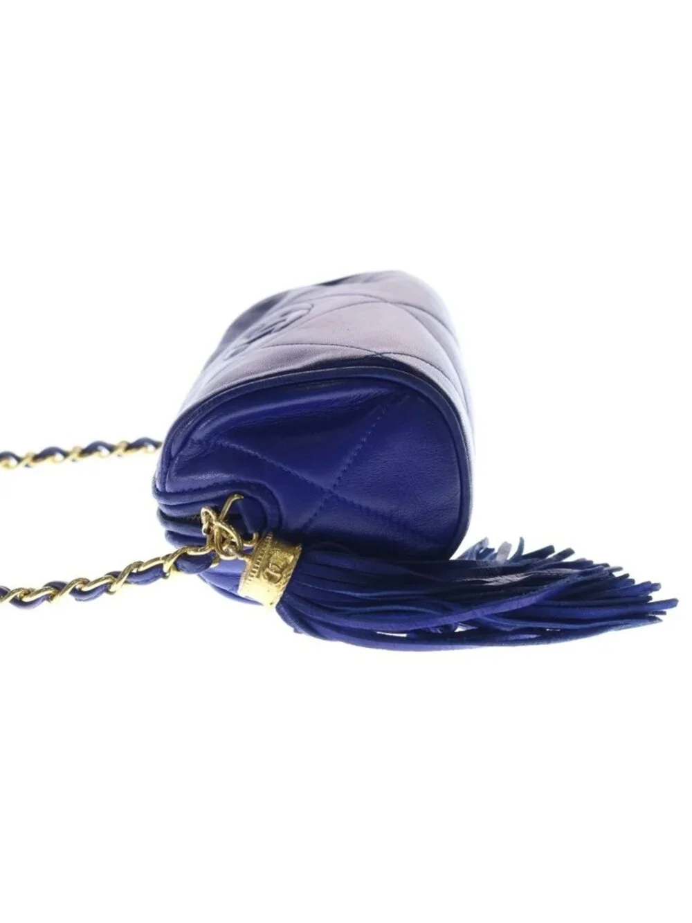 Chanel Quilted Fringe Charm Tassel Mini Chain Shoulder Bag Blue Leather Gold
